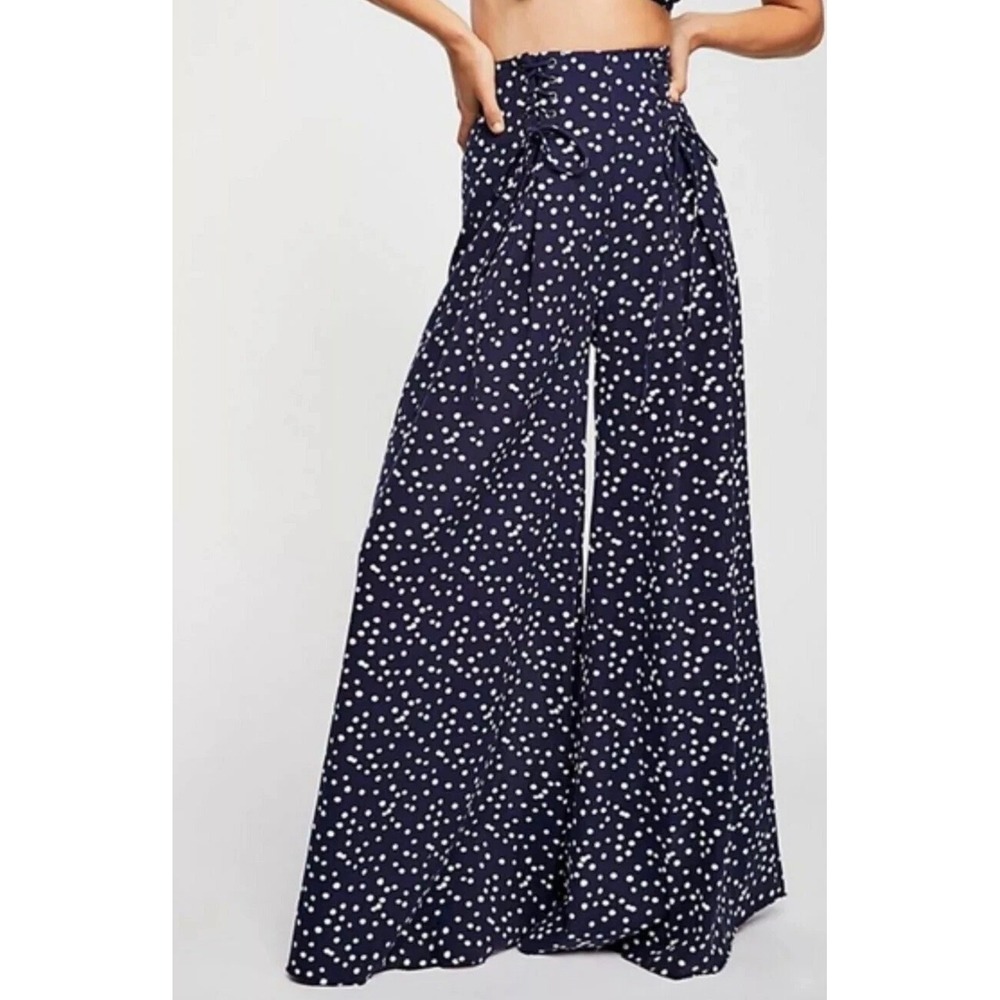 Free People Navy Blue Polka Dot Wide Leg Pants